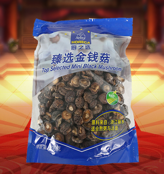廚之選(HORECA SELECT)金錢菇產(chǎn)自浙江麗水500g每袋，精選優(yōu)質(zhì)金錢菇，經(jīng)先進(jìn)工藝加工而成，其味清香可口，質(zhì)地細(xì)膩，是一種風(fēng)味獨(dú)特的食用菌。將本品用清水洗凈浸泡后，可直接與肉絲爆炒、排骨煲湯，或作為佐料，葷素皆宜本產(chǎn)品采用的是袋裝的包裝方式，包裝較輕，讓您攜帶起來更加的方便自如。