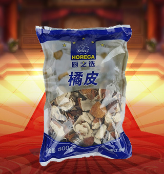 廚之選(HORECA SELECT)橘皮產自浙江臺州500g每袋，本產品精心挑選上等的橘皮等原材料制作而成，品質純正天然，讓您食用的放心。本產品采用的是塑料質地包裝，簡潔大方，食用簡單，是您廚房的好幫手。本產品加入到菜肴中去可以讓其味道濃郁，口感醇厚鮮香，給您帶來美妙的味覺盛宴。