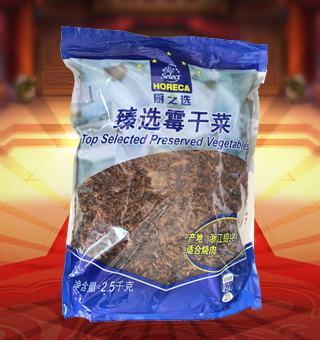 廚之選(HORECA SELECT)臻選霉干菜產(chǎn)自浙江紹興2.5kg每袋，蕭山霉干菜是浙江省紹興市夾灶鄉(xiāng)的漢族傳統(tǒng)名菜。夾灶原屬紹興縣，故歷來以“紹興霉干菜”為名。此產(chǎn)品由大葉芥加工而成，色澤烏黑，香氣濃郁，味美質(zhì)嫩，久貯不變，是一種常年食用的大眾化食品州，霉干菜一般用芥菜、尚未抽苔的白菜和油菜等腌制后曬干制成。
