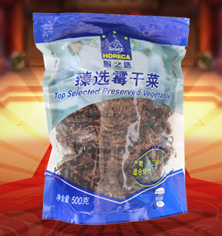 廚之選(HORECA SELECT)臻選霉干菜產(chǎn)自浙江紹興500g每袋，蕭山霉干菜是浙江省紹興市夾灶鄉(xiāng)的漢族傳統(tǒng)名菜。夾灶原屬紹興縣，故歷來以“紹興霉干菜”為名。此產(chǎn)品由大葉芥加工而成，色澤烏黑，香氣濃郁，味美質(zhì)嫩，久貯不變，是一種常年食用的大眾化食品州，霉干菜一般用芥菜、尚未抽苔的白菜和油菜等腌制后曬干制成。
