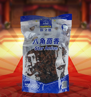 廚之選(HORECA SELECT)八角茴香產自廣西玉林450g每袋，本產品精心挑選上等的食用鹽、八角茴香原材料制作而成，品質純正天然，讓您食用的放心。本產品采用的是塑料質地包裝，簡潔大方，食用簡單，是您廚房的好幫手。本產品加入任何的菜肴后讓其味道濃郁，口感醇厚鮮香，給您帶來美妙的味覺盛宴。
